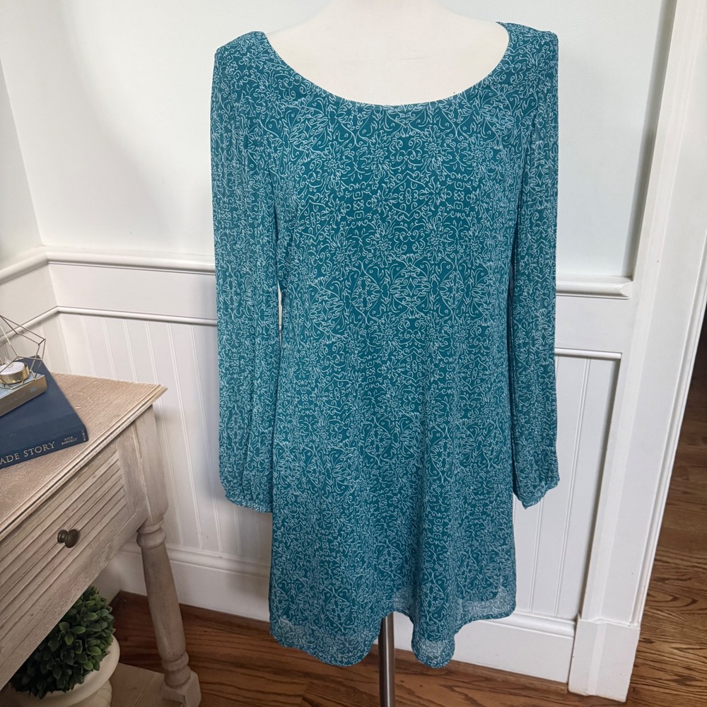 Kaari Blue Womens‎ Teal Floral Damask Chiffon Tie Back Mini Dress Small NWT